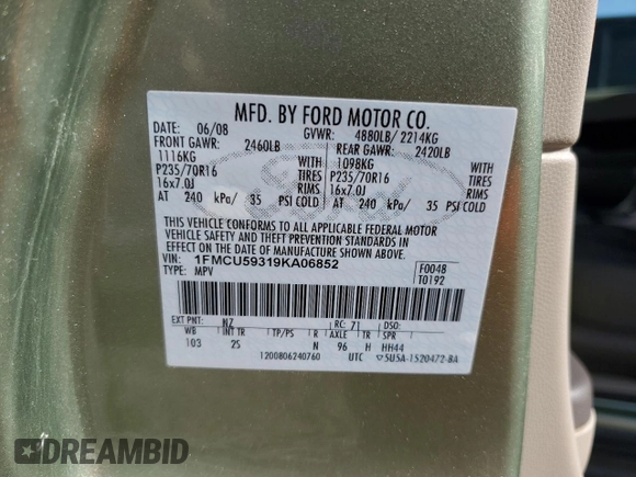 2009 Ford Escape Hybrid with VIN 1FMCU59319KA06852, listed as a Copart auction lot 61405975 with 273,931 mi miles and Salvage title. Bid and sale history available at DreamBid. Image 13.