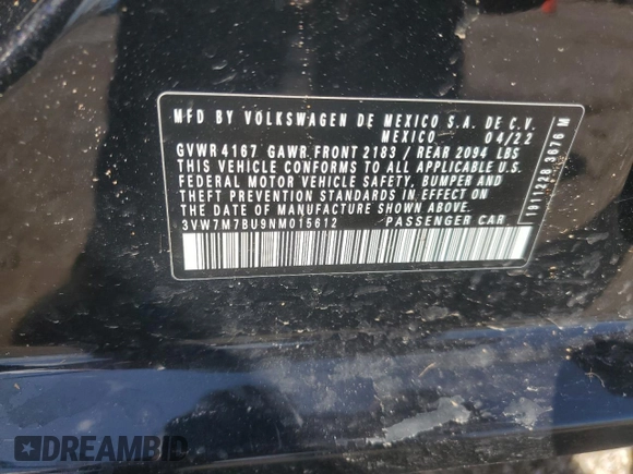 2022 Volkswagen Jetta SE with VIN 3VW7M7BU9NM015612, listed as a Copart auction lot 55885385 with 78,367 mi miles and Salvage title. Bid and sale history available at DreamBid. Image 13.
