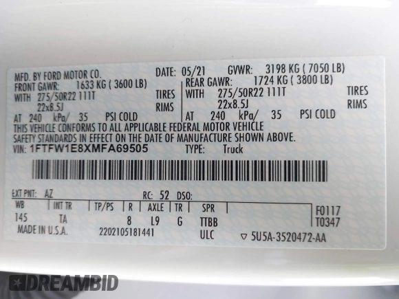 2021 Ford F-150 XL with VIN 1FTFW1E8XMFA69505, listed as a IAAI auction lot 42446323 with 58,214 mi miles and . Bid and sale history available at DreamBid. Image 9.
