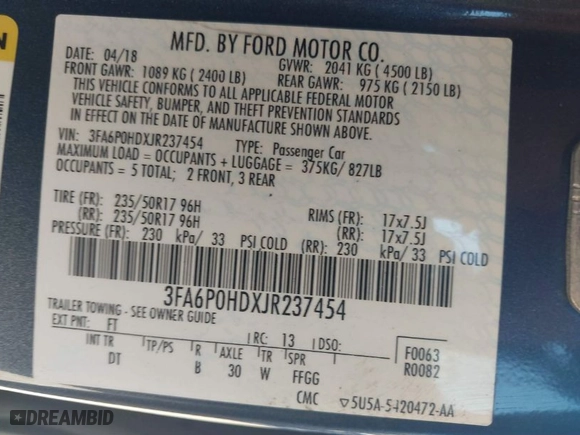 2018 Ford Fusion SE with VIN 3FA6P0HDXJR237454, listed as a IAAI auction lot 41763221 with 63,768 mi miles. Bid and sale history available at carsss.com. Image 9.