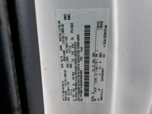 2019 Ford F-150 XL with VIN 1FTMF1C52KKD92385, listed as a Copart auction lot 83592474 with 68,111 mi miles and Salvage Title. Bid and sale history available at carsss.com. Image 14.