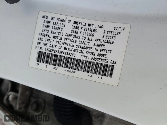 2014 Honda Accord Sedan Sport with VIN 1HGCR2F50EA284203, listed as a Copart auction lot 53720765 with 201,191 mi miles and Salvage Title. Bid and sale history available at carsss.com. Image 12.
