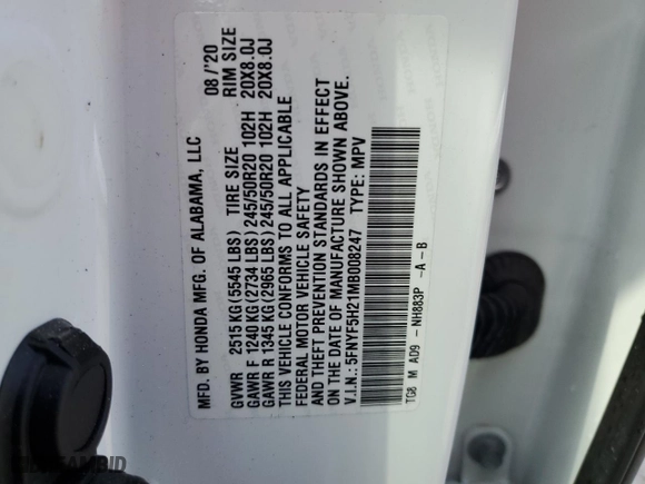 2021 Honda Pilot Special Edition with VIN 5FNYF5H21MB008247, listed as a Copart auction lot 47899475 with 0 mi miles and Non Repairable. Bid and sale history available at carsss.com. Image 14.