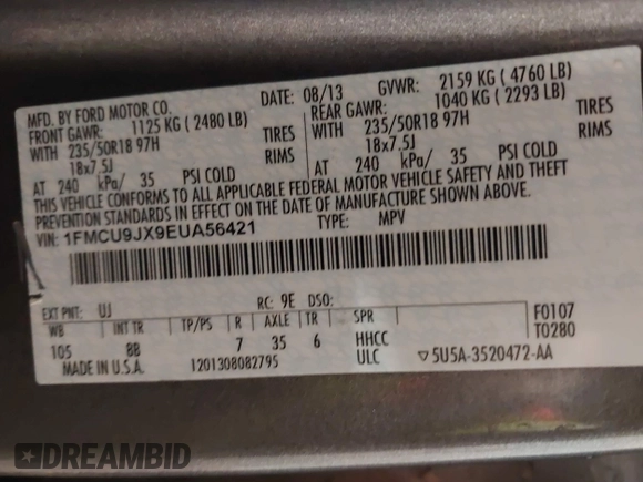 2014 Ford Escape Titanium with VIN 1FMCU9JX9EUA56421, listed as a IAAI auction lot 41392372 with 117,234 mi miles. Bid and sale history available at carsss.com. Image 9.