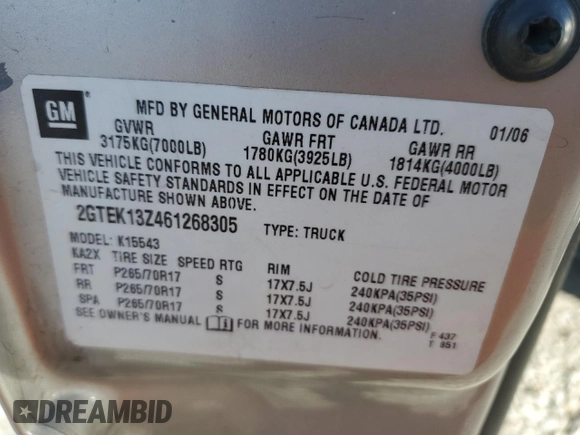2006 GMC Sierra 1500 SLE1 z VIN 2GTEK13Z461268305, wystawiony jako Copart lot #48419845 z przebiegiem 117 180 mil mil oraz Szkoda całkowita • Salvage title. Historia ofert i sprzedaży dostępna na DreamBid. Obrazek 14.