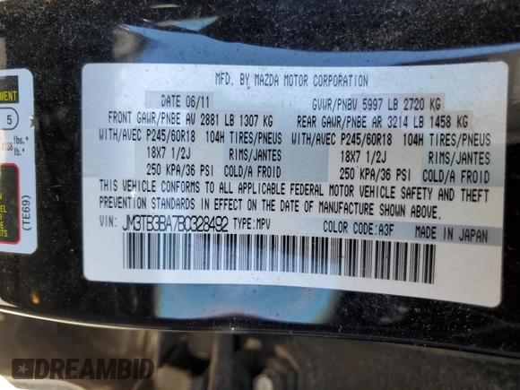 2011 Mazda CX-9 Sport with VIN JM3TB3BA7B0328492, listed as a Copart auction lot 69203214 with 166,911 mi miles and Salvage Title. Bid and sale history available at DreamBid. Image 13.
