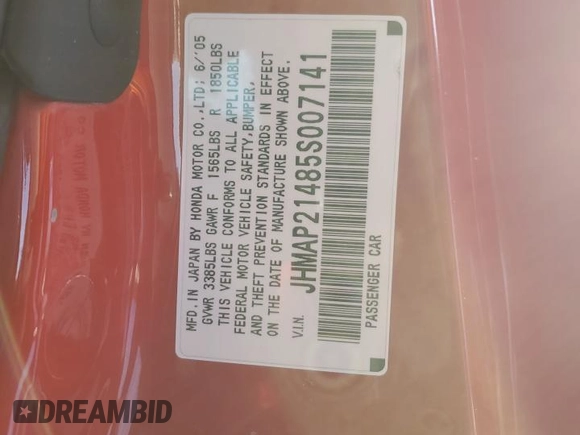 2005 Honda S2000 z VIN JHMAP21485S007141, wystawiony jako Copart lot #43928425 z przebiegiem 141 498 mil mil oraz Szkoda całkowita • Salvage title. Historia ofert i sprzedaży dostępna na DreamBid. Obrazek 12.