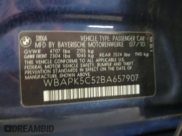 2011 BMW 3 Series 328i xDrive with VIN WBAPK5C52BA657907, listed as a Copart auction lot 52521585 with 131,721 mi miles and Salvage Title. Bid and sale history available at carsss.com. Image 12.