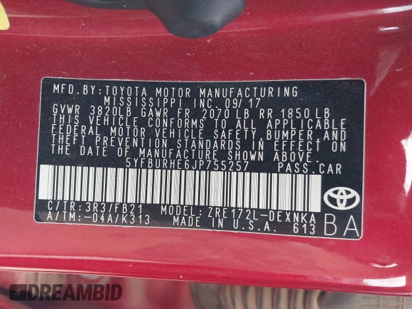 2018 Toyota Corolla L z VIN 5YFBURHE6JP755257, wystawiony jako IAAI lot #42155481 z przebiegiem 79 138 mil mil oraz . Historia ofert i sprzedaży dostępna na DreamBid. Obrazek 9.