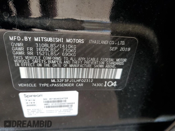 2020 Mitsubishi Mirage ES with VIN ML32F3FJ1LHF02312, listed as a Copart auction lot 59637925 with 49,770 mi miles and Salvage title. Bid and sale history available at DreamBid. Image 12.
