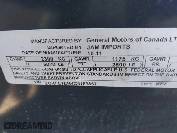 2012 GMC Terrain SLE-2 z VIN 2GKFLTEK4C6183867, wystawiony jako IAAI lot #42342046 z przebiegiem 129 708 mil mil oraz . Historia ofert i sprzedaży dostępna na DreamBid. Obrazek 9.