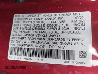 2020 Honda CR-V EX-L with VIN 2HKRW2H85LH679296, listed as a IAAI auction lot 42313562 with 34,553 mi miles and . Bid and sale history available at DreamBid. Image 9.