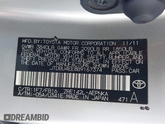 2011 Toyota Corolla L with VIN JTDBU4EE8B9167374, listed as a IAAI auction lot 41312318 with 189,903 mi miles. Bid and sale history available at carsss.com. Image 9.