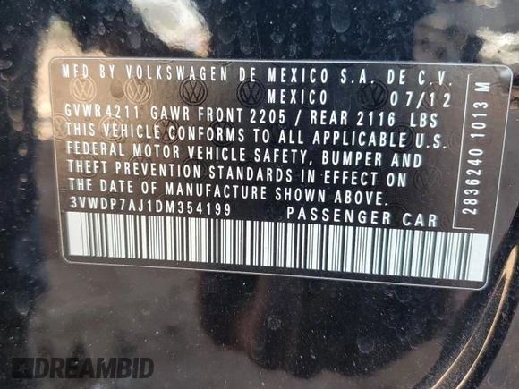2013 Volkswagen Jetta SE with VIN 3VWDP7AJ1DM354199, listed as a Copart auction lot 61929725 with 149,739 mi miles and Salvage title. Bid and sale history available at DreamBid. Image 12.