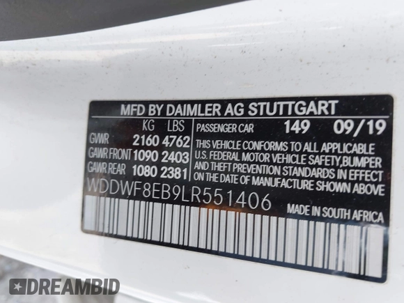 2020 Mercedes-Benz C 300 with VIN WDDWF8EB9LR551406, listed as a IAAI auction lot 41958407 with 61,663 mi miles and . Bid and sale history available at DreamBid. Image 9.