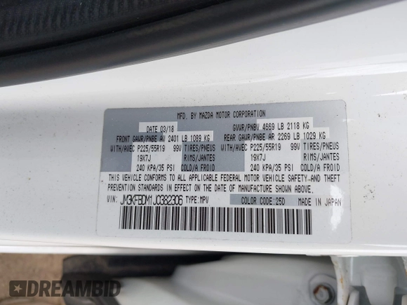 2018 Mazda CX-5 Grand Touring with VIN JM3KFBDM1J0382306, listed as a IAAI auction lot 42554947 with 121,303 mi miles and . Bid and sale history available at DreamBid. Image 9.