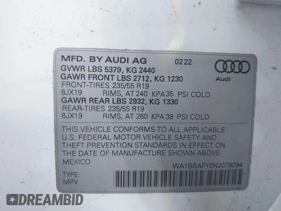 2022 Audi Q5 Premium Plus z VIN WA1BBAFY0N2078094, wystawiony jako IAAI lot #42061485 z przebiegiem 23 152 mil mil oraz . Historia ofert i sprzedaży dostępna na DreamBid. Obrazek 9.