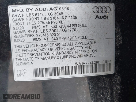2009 Audi Q7 z VIN WA1AY74L29D001841, wystawiony jako IAAI lot #42286235 z przebiegiem 169 245 mil mil oraz . Historia ofert i sprzedaży dostępna na DreamBid. Obrazek 9.