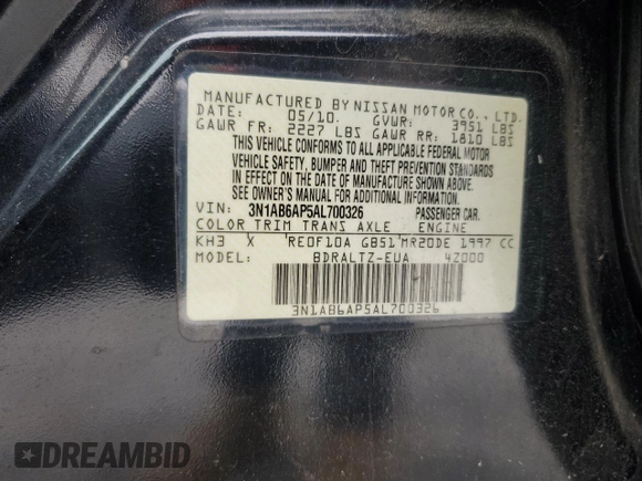 2010 Nissan Sentra S с VIN 3N1AB6AP5AL700326, выставлен на аукционе Copart как лот 58371345 с пробегом 192 597 миль миль и Списание • Salvage title. История ставок и продаж доступна на DreamBid. Изображение 13.