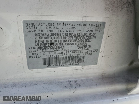 2021 Nissan Versa S with VIN 3N1CN8DV2ML867463, listed as a Copart auction lot 52052425 with 36,366 mi miles and Clean title. Bid and sale history available at DreamBid. Image 12.