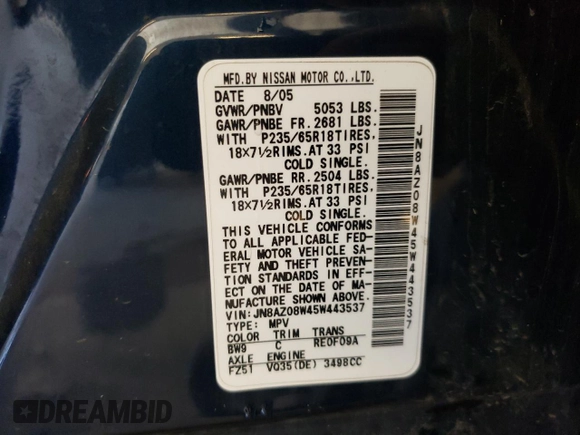 2005 Nissan Murano SL z VIN JN8AZ08W45W443537, wystawiony jako Copart lot #56176265 z przebiegiem 142 208 mil mil oraz Szkoda całkowita • Salvage title. Historia ofert i sprzedaży dostępna na DreamBid. Obrazek 13.