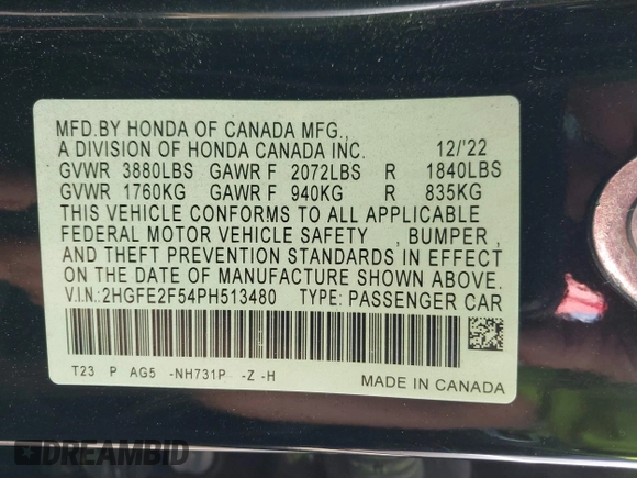 2023 Honda Civic Sedan Sport with VIN 2HGFE2F54PH513480, listed as a IAAI auction lot 41670655 with 20,631 mi miles. Bid and sale history available at carsss.com. Image 9.