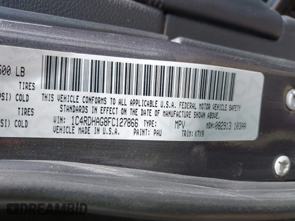 2015 Dodge Durango SXT with VIN 1C4RDHAG8FC127866, listed as a IAAI auction lot 42188826 with 127,689 mi miles and . Bid and sale history available at DreamBid. Image 9.