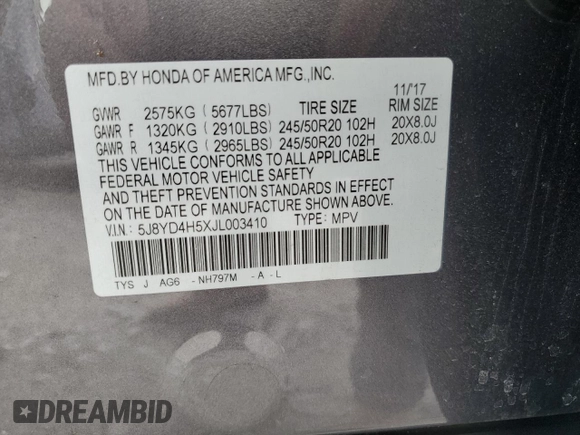 2018 Acura MDX w/Technology Pkg with VIN 5J8YD4H5XJL003410, listed as a Copart auction lot 49534555 with 55,539 mi miles and Salvage Title. Bid and sale history available at carsss.com. Image 12.