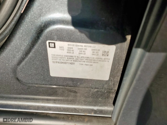 2013 Chevrolet Cruze LS with VIN 1G1PA5SH3D7174291, listed as a Copart auction lot 47997055 with 56,770 mi miles and Salvage Title. Bid and sale history available at carsss.com. Image 12.