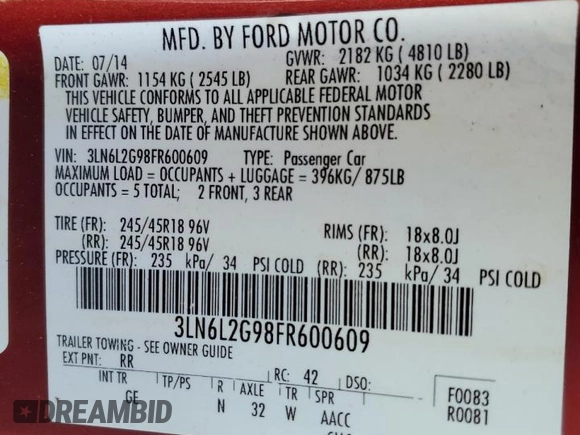 2015 Lincoln MKZ with VIN 3LN6L2G98FR600609, listed as a Copart auction lot 62648325 with 149,238 mi miles and Salvage title. Bid and sale history available at DreamBid. Image 12.
