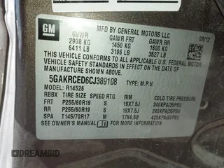 2012 Buick Enclave Leather with VIN 5GAKRCED6CJ389108, listed as a IAAI auction lot 41854814 with 211,473 mi miles and . Bid and sale history available at carsss.com. Image 9.