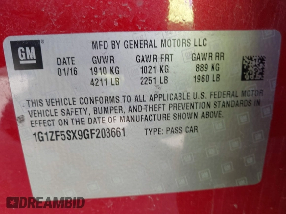 2016 Chevrolet Malibu LT with VIN 1G1ZF5SX9GF203661, listed as a IAAI auction lot 41988477 with 117,690 mi miles and . Bid and sale history available at DreamBid. Image 9.
