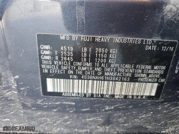 2017 Subaru Legacy Premium with VIN 4S3BNAH61H3042163, listed as a Copart auction lot 43441185 with 163,290 mi miles and Salvage Title. Bid and sale history available at carsss.com. Image 12.