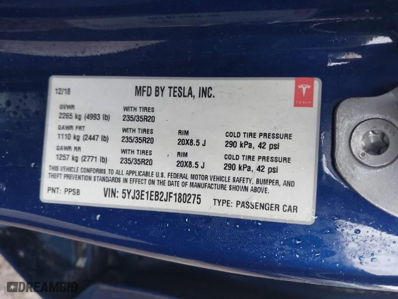 2018 Tesla Model 3 Long Range Battery with VIN 5YJ3E1EB2JF180275, listed as a IAAI auction lot 41196064 with 110,535 mi miles. Bid and sale history available at carsss.com. Image 9.