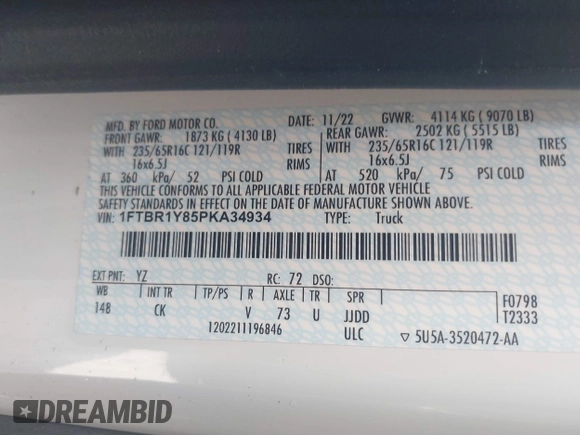 2023 Ford Transit Cargo with VIN 1FTBR1Y85PKA34934, listed as a IAAI auction lot 41768055 with 47,840 mi miles and . Bid and sale history available at DreamBid. Image 9.