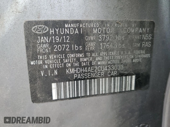 2012 Hyundai Elantra GLS with VIN KMHDH4AE2CU433033, listed as a Copart auction lot 44430105 with 121,763 mi miles and Clean Title. Bid and sale history available at carsss.com. Image 12.