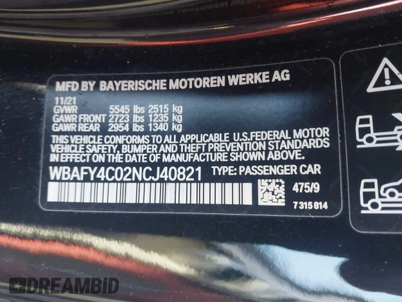 2022 BMW 8 Series with VIN WBAFY4C02NCJ40821, listed as a IAAI auction lot 42026132 with Not provided miles and . Bid and sale history available at DreamBid. Image 9.