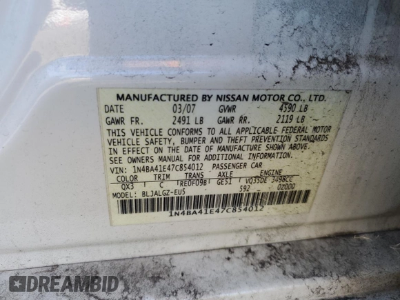 2007 Nissan Maxima 3.5 SE with VIN 1N4BA41E47C854012, listed as a Copart auction lot 76317074 with 186,766 mi miles and Salvage Title. Bid and sale history available at carsss.com. Image 12.