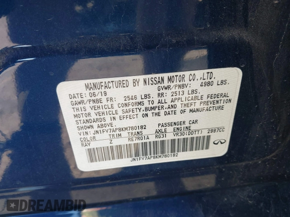 2019 Infiniti Q50 RED SPORT 400 with VIN JN1FV7AP8KM780182, listed as a IAAI auction lot 41682121 with 73,110 mi miles. Bid and sale history available at carsss.com. Image 9.