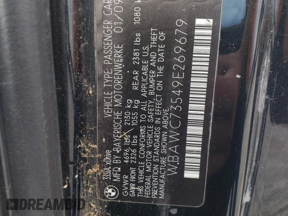 2009 BMW 3 Series 335i xDrive with VIN WBAWC73549E269679, listed as a Copart auction lot 56241505 with 180,961 mi miles and Salvage title. Bid and sale history available at DreamBid. Image 12.