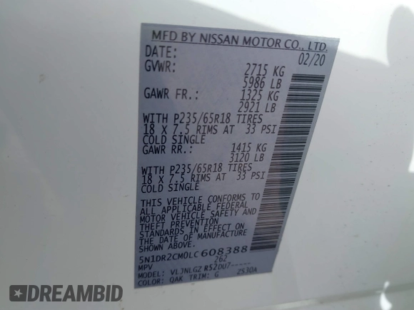 2020 Nissan Pathfinder SL z VIN 5N1DR2CM0LC608388, wystawiony jako IAAI lot #41822939 z przebiegiem 111 445 mil mil oraz . Historia ofert i sprzedaży dostępna na DreamBid. Obrazek 9.