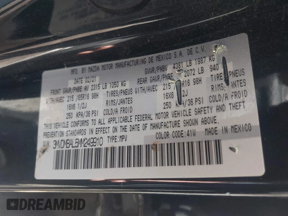 2021 Mazda CX-30 S with VIN 3MVDMBAL5MM249910, listed as a IAAI auction lot 41875515 with 39,190 mi miles and . Bid and sale history available at carsss.com. Image 9.