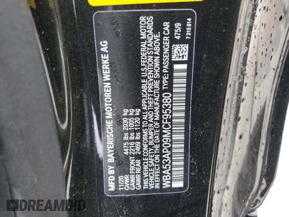 2021 BMW 4 Series 430i with VIN WBA53AP09MCF95380, listed as a Copart auction lot 70993314 with 36,380 mi miles and Salvage Title. Bid and sale history available at DreamBid. Image 12.