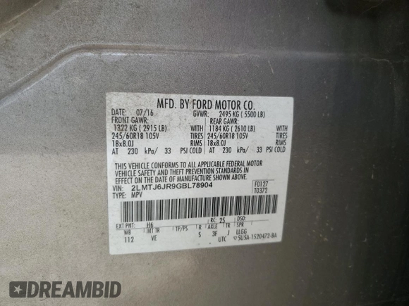 2016 Lincoln MKX Premiere z VIN 2LMTJ6JR9GBL78904, wystawiony jako Copart lot #51188815 z przebiegiem 120 123 mil mil oraz Szkoda całkowita • Salvage title. Historia ofert i sprzedaży dostępna na DreamBid. Obrazek 12.
