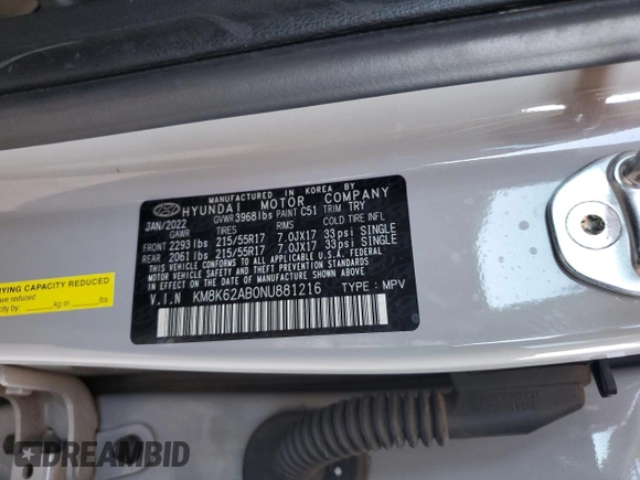 2022 Hyundai Kona SEL with VIN KM8K62AB0NU881216, listed as a Copart auction lot 54007965 with 57,575 mi miles and Salvage Title. Bid and sale history available at carsss.com. Image 13.