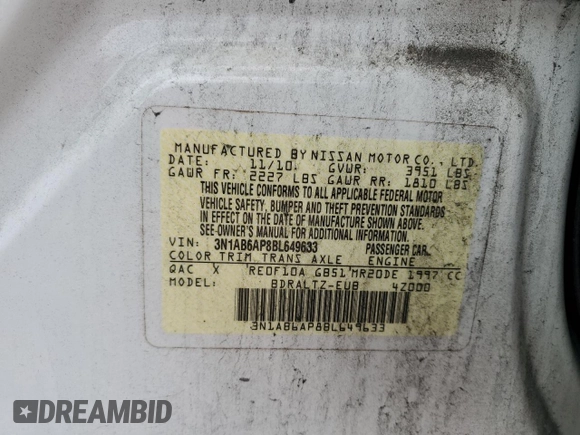 2011 Nissan Sentra SL с VIN 3N1AB6AP8BL649633, выставлен на аукционе Copart как лот 63189535 с пробегом 170 837 миль миль и Чистый • Clean title. История ставок и продаж доступна на DreamBid. Изображение 12.