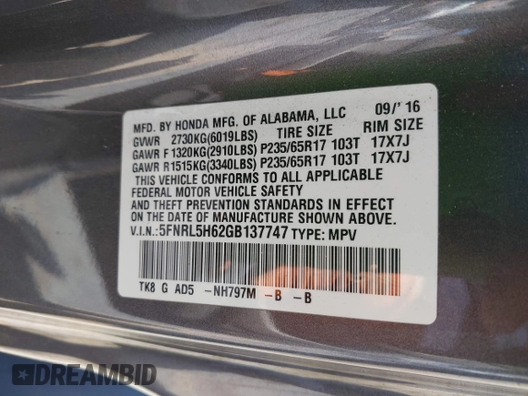 2016 Honda Odyssey EX-L z VIN 5FNRL5H62GB137747, wystawiony jako IAAI lot #42304557 z przebiegiem 202 056 mil mil oraz . Historia ofert i sprzedaży dostępna na DreamBid. Obrazek 9.