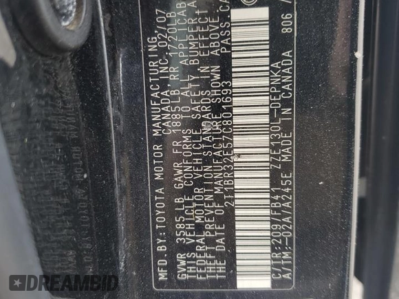 2007 Toyota Corolla CE z VIN 2T1BR32E57C801693, wystawiony jako Copart lot #57646375 z przebiegiem 221 264 mil mil oraz Szkoda całkowita • Salvage title. Historia ofert i sprzedaży dostępna na DreamBid. Obrazek 12.