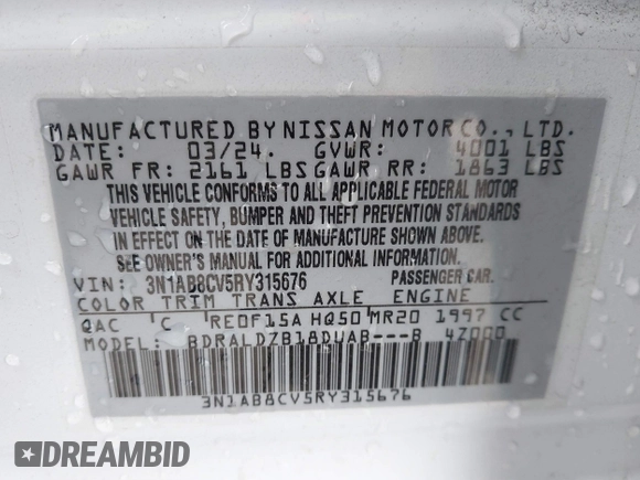 2024 Nissan Sentra SV with VIN 3N1AB8CV5RY315676, listed as a IAAI auction lot 41538052 with 2,410 mi miles and . Bid and sale history available at DreamBid. Image 9.