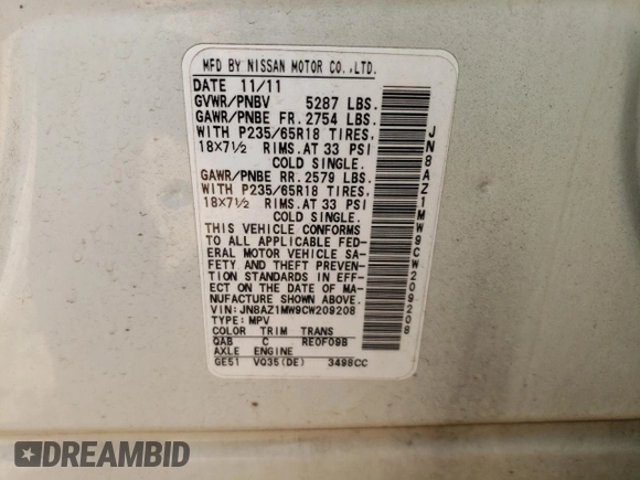 2012 Nissan Murano SL with VIN JN8AZ1MW9CW209208, listed as a Copart auction lot 70034254 with 172,605 mi miles and Salvage Title. Bid and sale history available at carsss.com. Image 12.